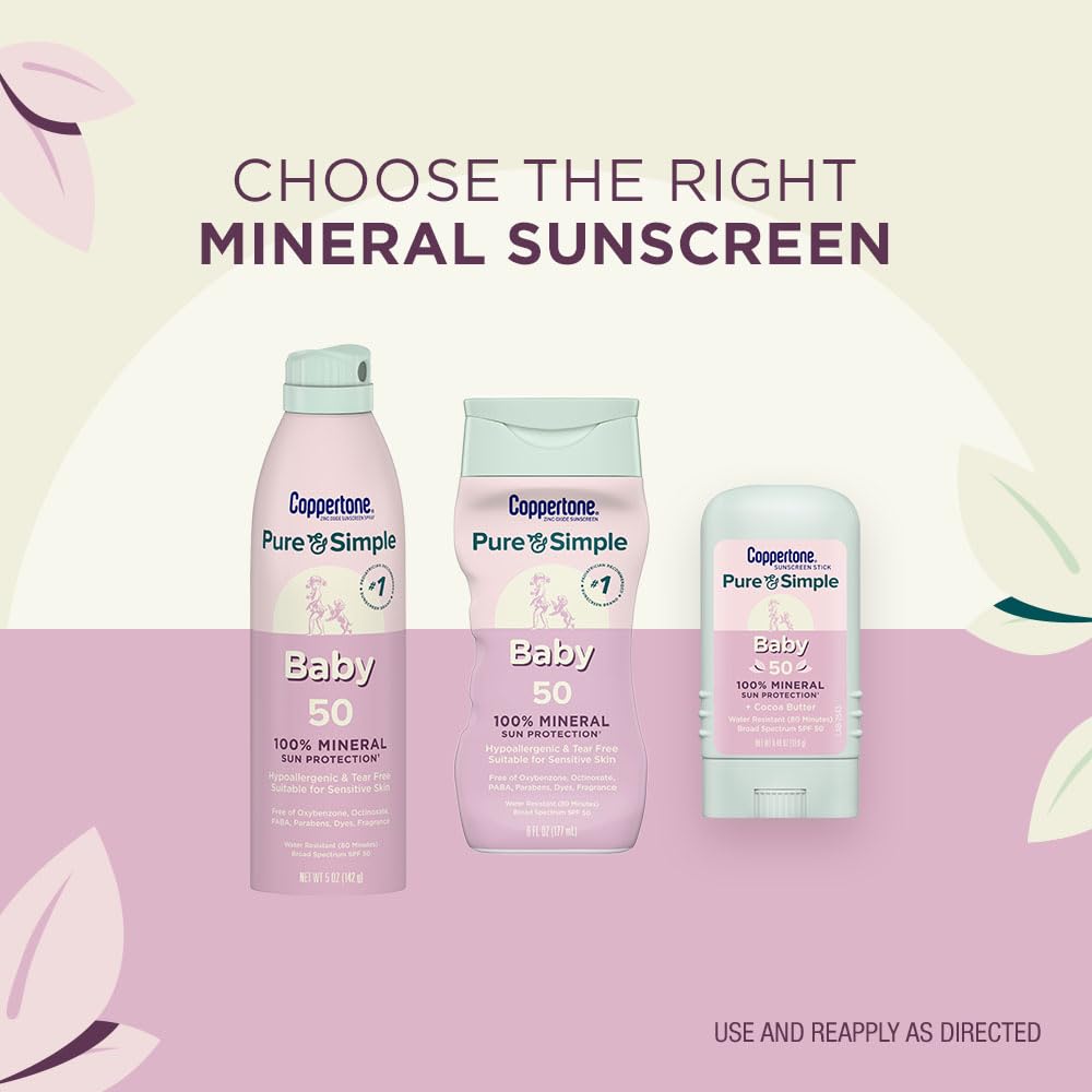 Coppertone Pure and Simple Baby Mineral Sunscreen Spray SPF 50 (5 Oz), Tear Free + Baby Sunscreen Stick SPF 50 (0.49 Oz), Hypoallergenic and Fragrance Free - Image 6
